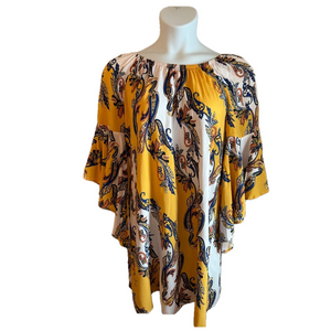 EST 1946 Yellow Gold Blue Paisley Floral Flared Bell Sleeves Tunic Dress SKU0718